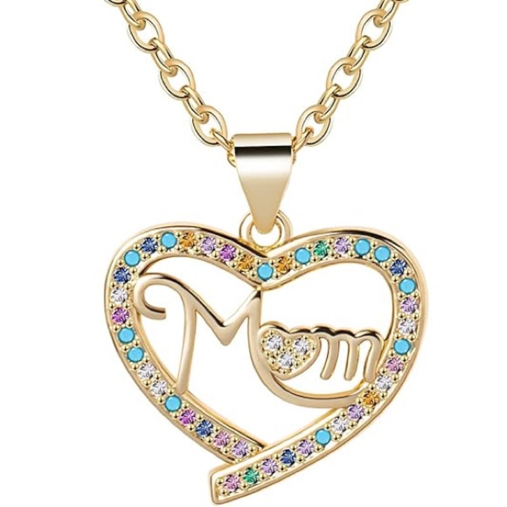 New Dainty Gold Heart Mom Necklace with Cubic Zirconia